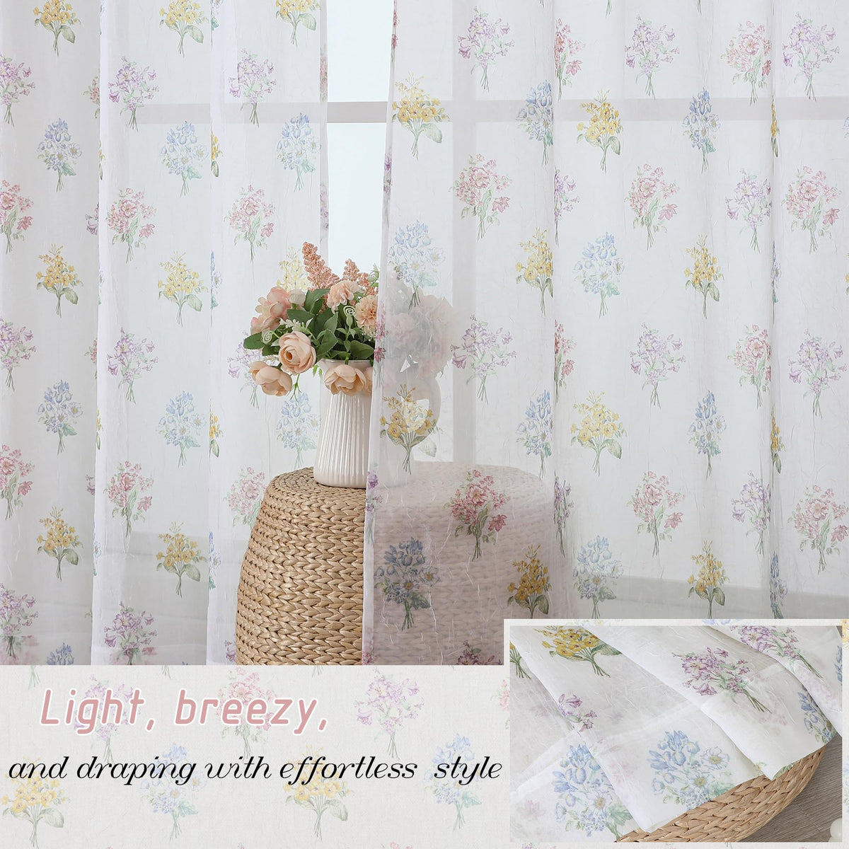 Ebesto Crushed Floral Sheer Curtains 63 Inch Length - Light Filtering Printed Sheer Flower Patterned Curtains for Bedroom, Spring Romantic Rod Pocket Window Drapes, 2 Panels, 42Wx63L Inches, White