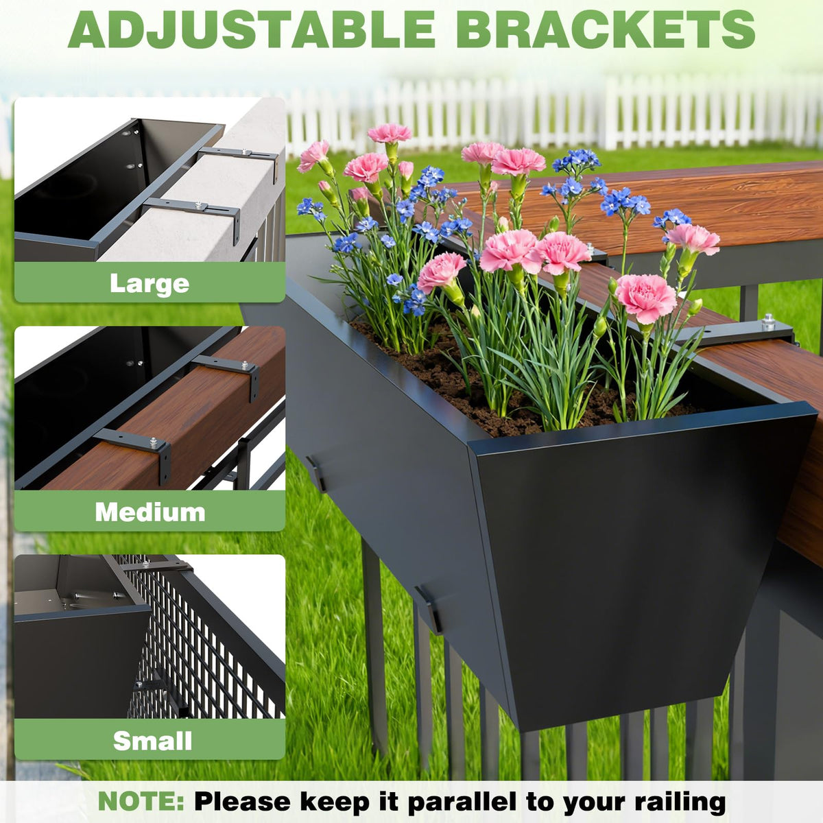 2PC Railing Planter for Outdoor Plants 36 Inch Metal Hanging Planters Pots with Adjustable Brackets and Drainage Railing Planter Boxes Hanging Flower Pots for Balcony Deck Railings Apartment Patio Dec