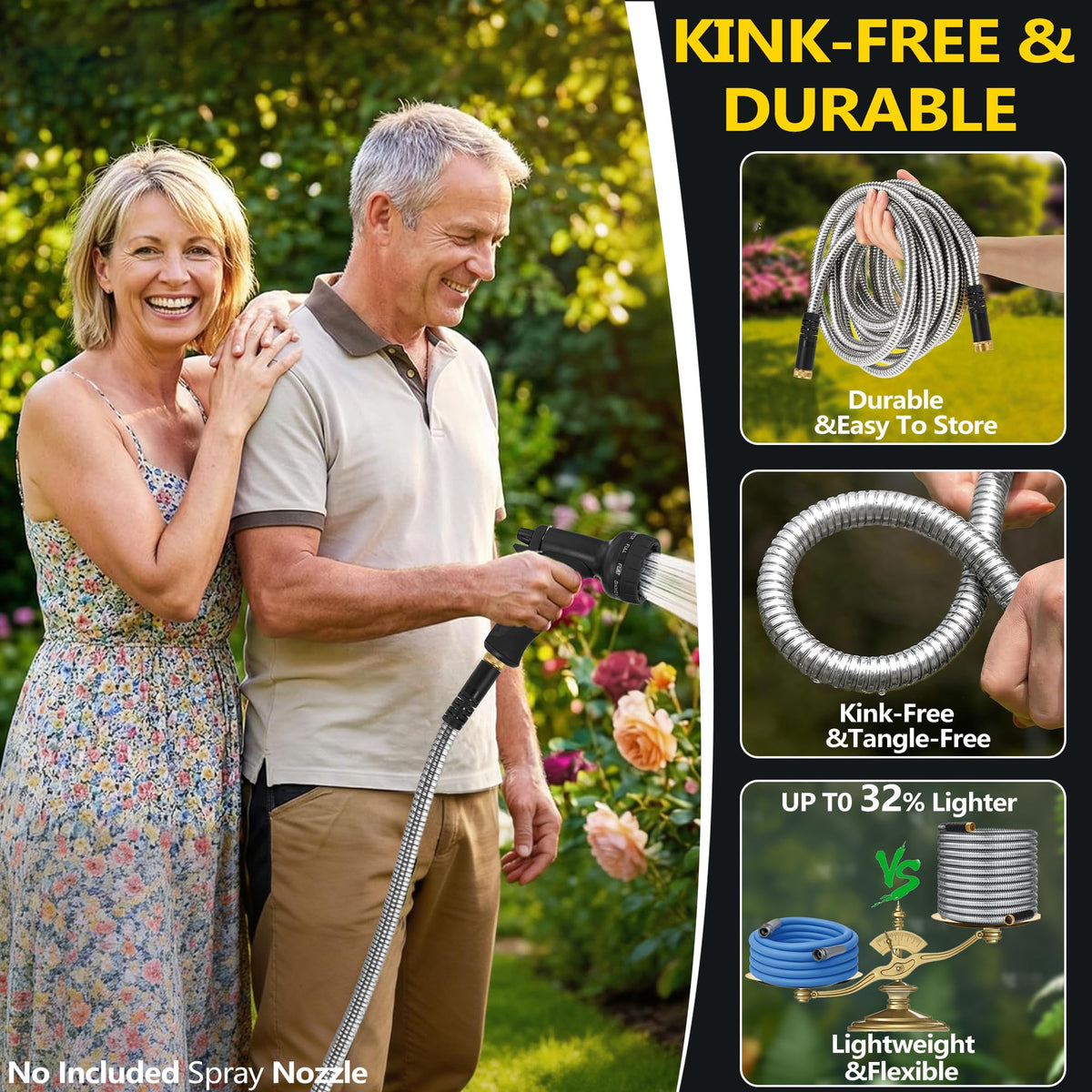 50 ft Stainless Steel Garden Hose - 2026 New Upgraded Metal Water hose - Flexible Water Hoses Pipes with Latex Core, 3/4" Solid Brass Connector - No-Expandable Watering Garden Hoses