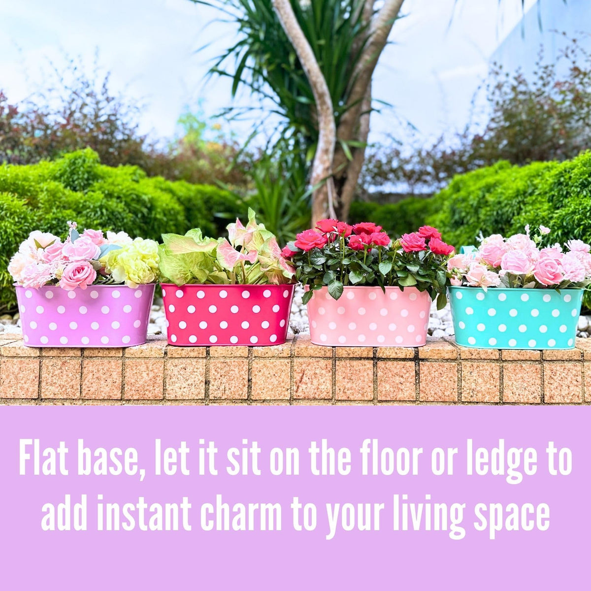 LaLaGreen Bundle - 4 Pack,11.8 Inch White + 6 Pack,11.2 Inch Multicolor Polka Dot Rounded Metal Iron Hanging Flower Pot,Wall Mount Modern Style Window Fence Railing Deck Colorful Plant Box Holder