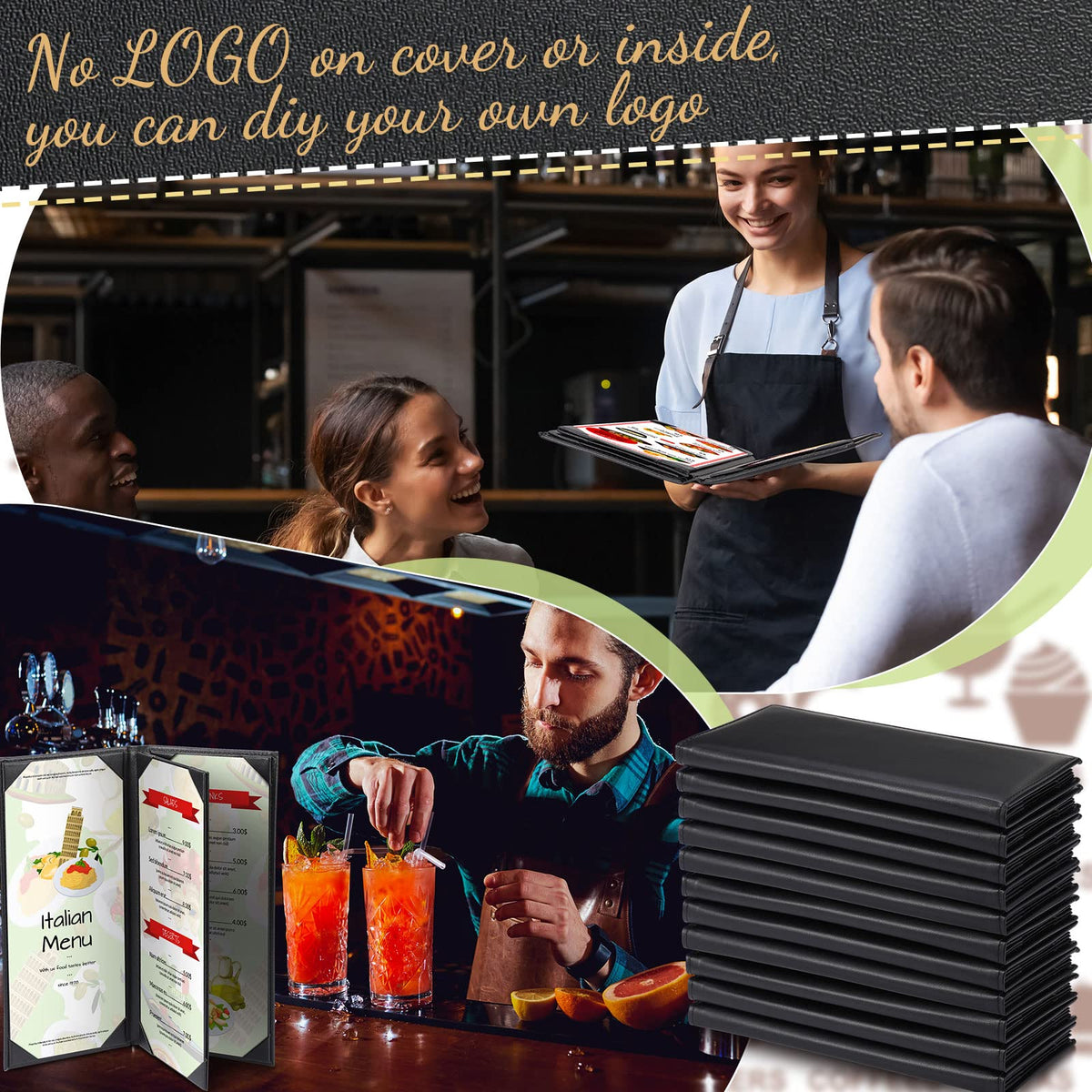 Jexine 12 Pcs Black Menu Covers Waterproof Restaurant Cafe Bar PU Leather 4 View Fold Menu Book with Angled Corners for Wine Drinks Cafes List Covers Set, 4.25 x 11 Inches