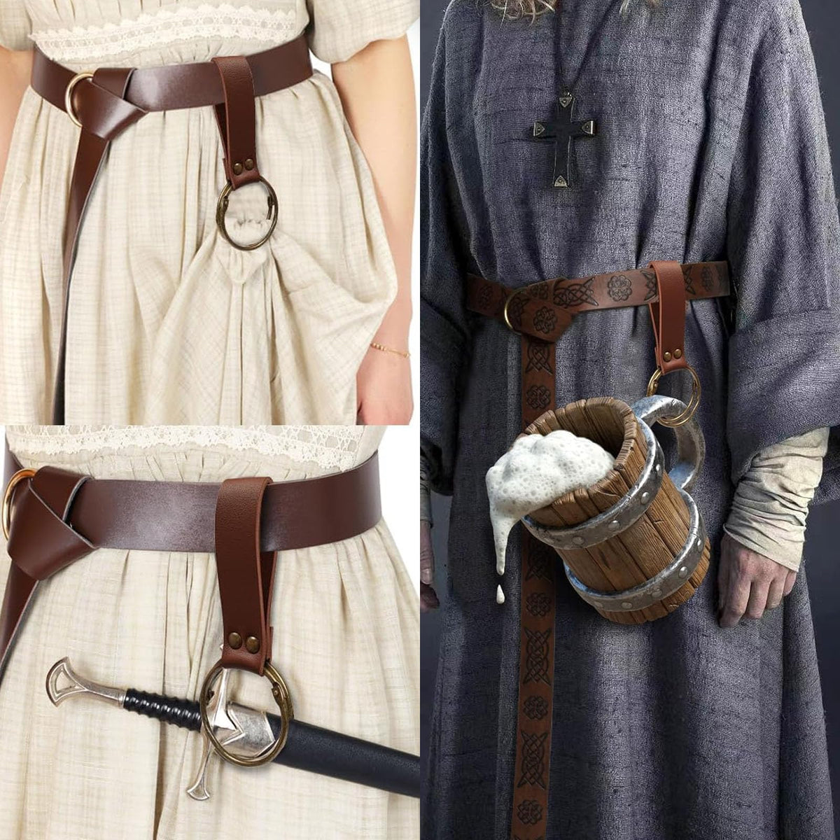 Renaissance Belt Pouch Purse Viking Bracer Hook Halloween Set Medieval Festival Costume Accessory Casual Fanny Pack Waist Bag (Dual-Brown)