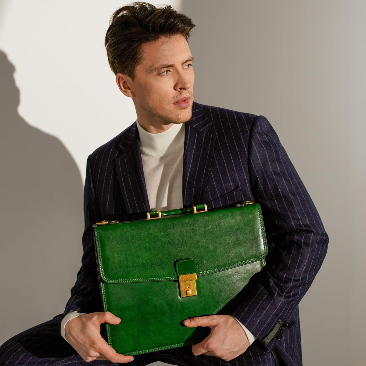 Time Resistance Leather Briefcase - Italian Handmade Leather Laptop Bag - Handbag for Men - Professional Computer Case (Green)