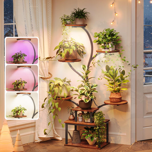 PRAISUN 51 Inch Plant Stand with Grow Lights, 8 Tiered Indoor Plant Shelf with Larger Flower Holder, Curved-tubed Design, 3 Light Modes, Corner Plant Rack for Living Room, Rustic Brown
