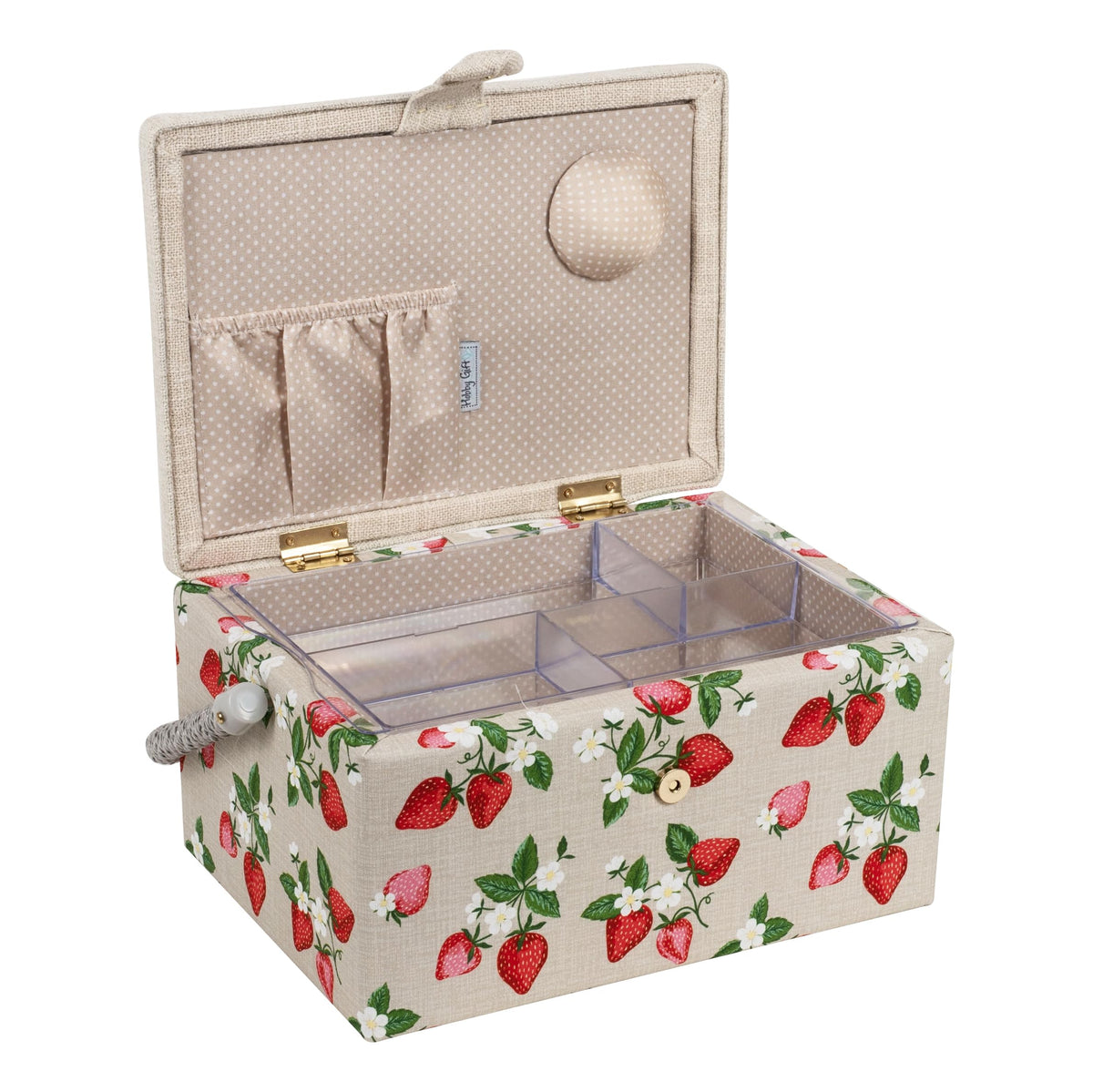 Hobby Gift Medium Sewing Box Organiser, Fabric Covered Storage Box with Handle, Internal Tray, Pin Cushion and Pocket for Sewing, Quilting and Knitting Supplies