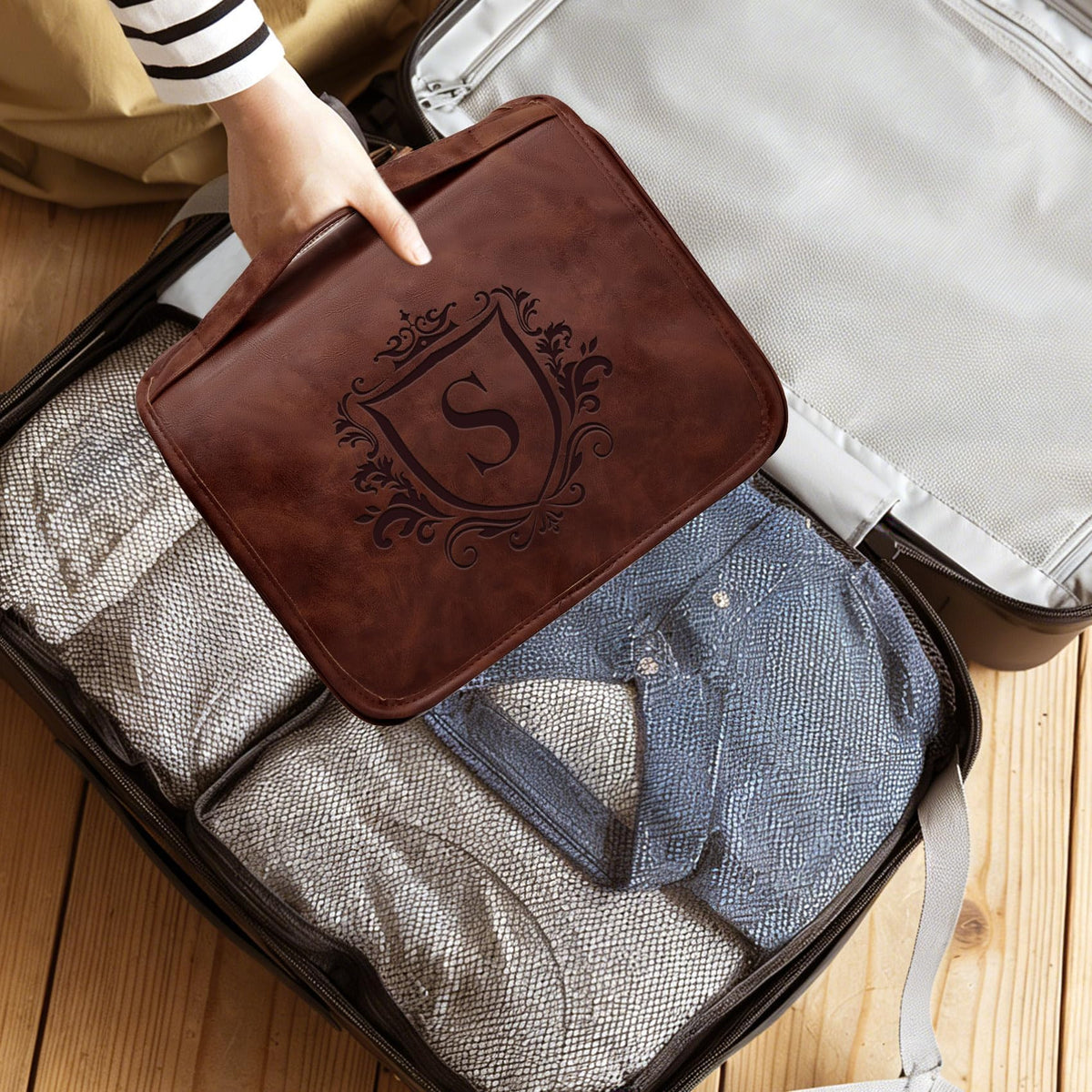 Aganmi Personalized Hanging Toiletry Bag Travel Gifts for Men Him, 3-in-1 Large Laser-Engraved Initial Waterproof PU Leather Shaving Bag Valentines Birthday Gift for Men Dad Husband Reddish Brown M