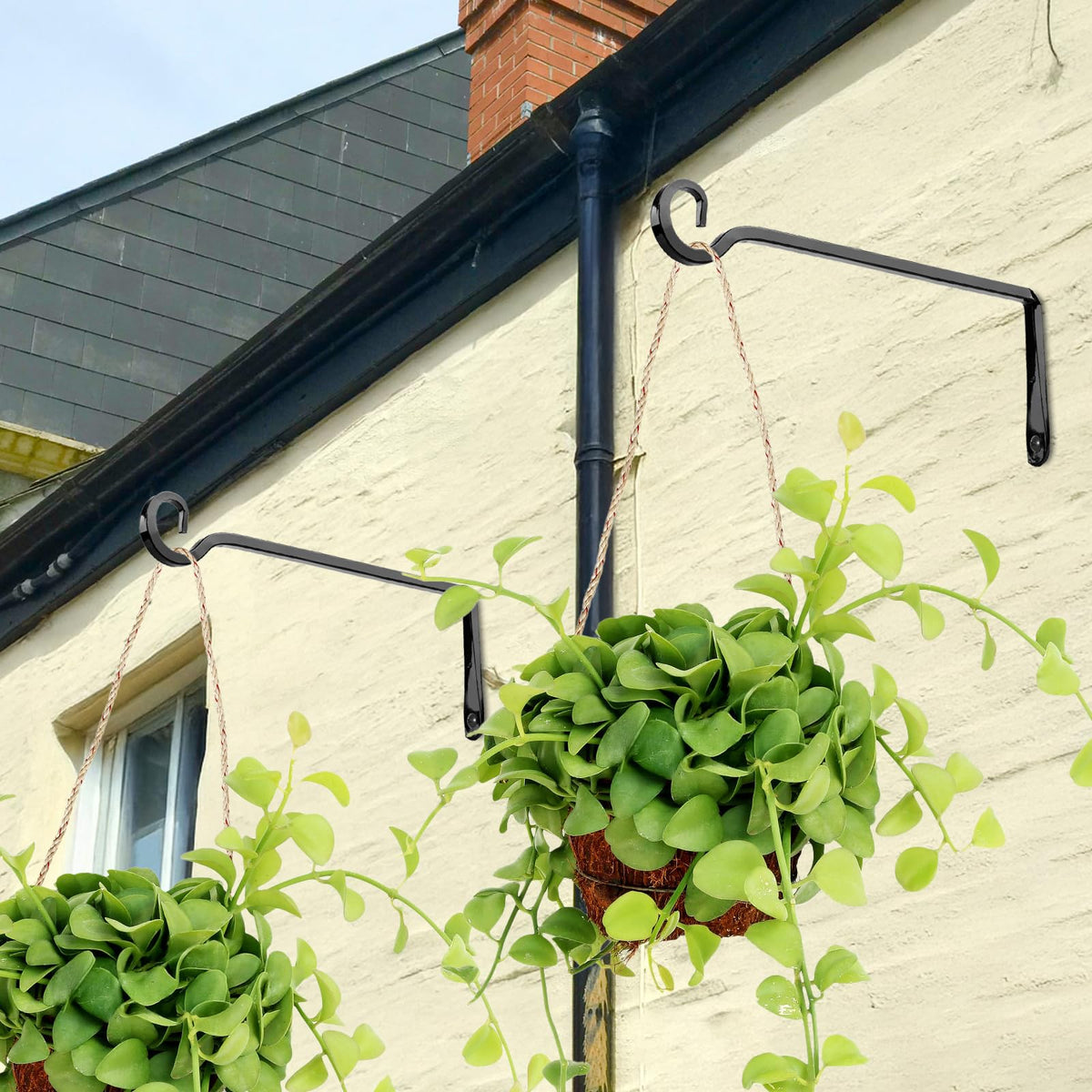 MOWPOG Metal Hanging Plant Hooks, 2 Pack 10 Inch Wall Hooks for Hanging Plants, Bird Feeder, Flower Basket, Wind Chimes, Indoor Outdoor (Black)