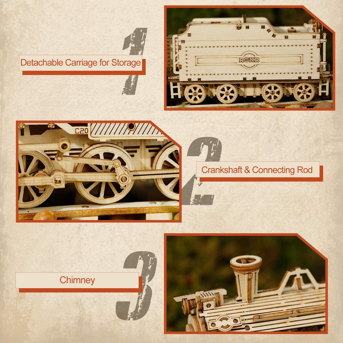 ROKR Model Car Kits Wooden 3D Puzzles Model Building Kits for Adults to Build-Educational Brain Teaser Assembly Model, Desk Decor/DIY Hobbies/Gifts (Prime Steam Express/12.1 * 2.7 * 3.3)