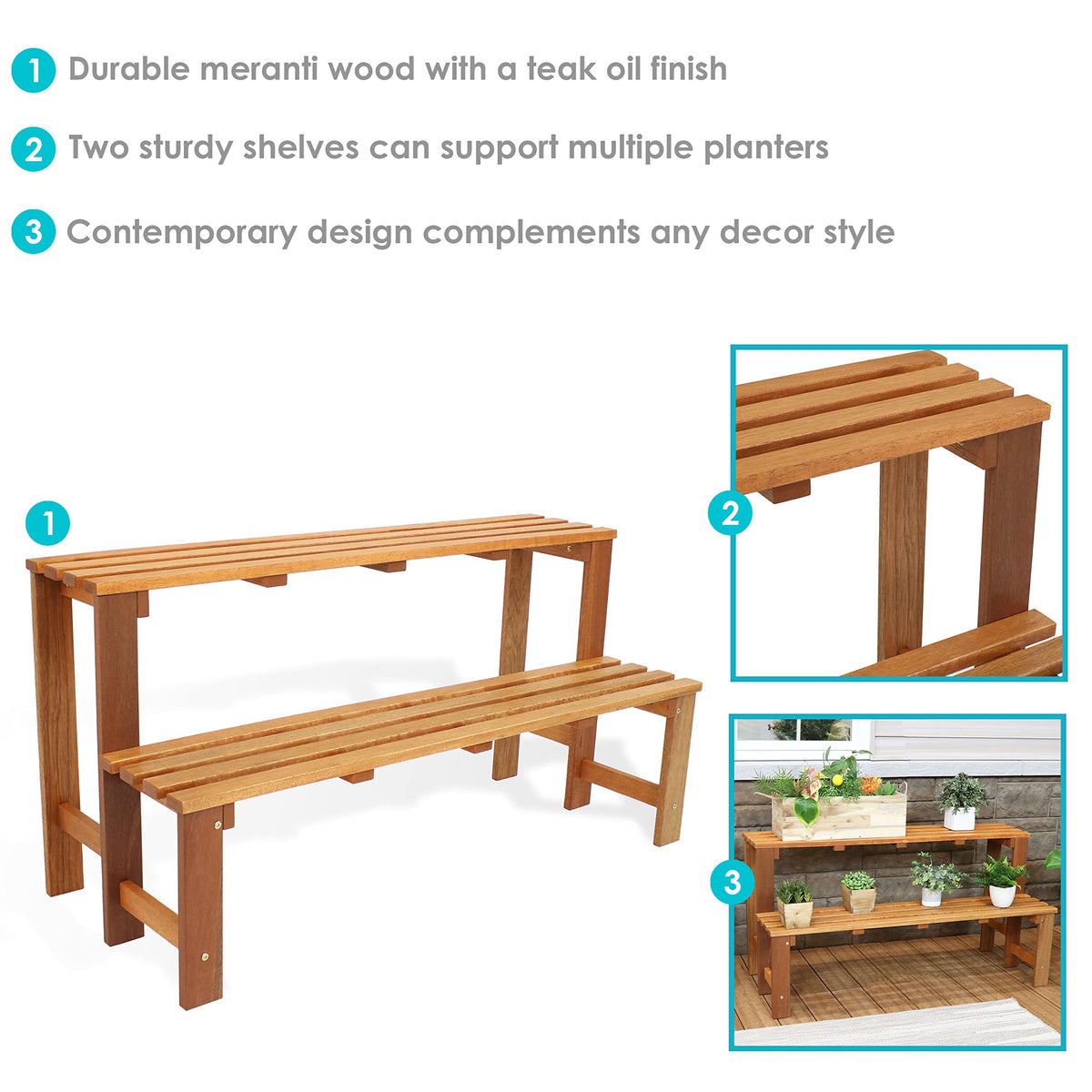 Sunnydaze 2-Tier Meranti Wood Plant Stand for Indoor and Outdoor Use - Garden Shelf with Teak Oil Finish for Patio, Porch, Balcony, and Living Room - Heavy Duty 100 lb Per Level Capacity - 47 in