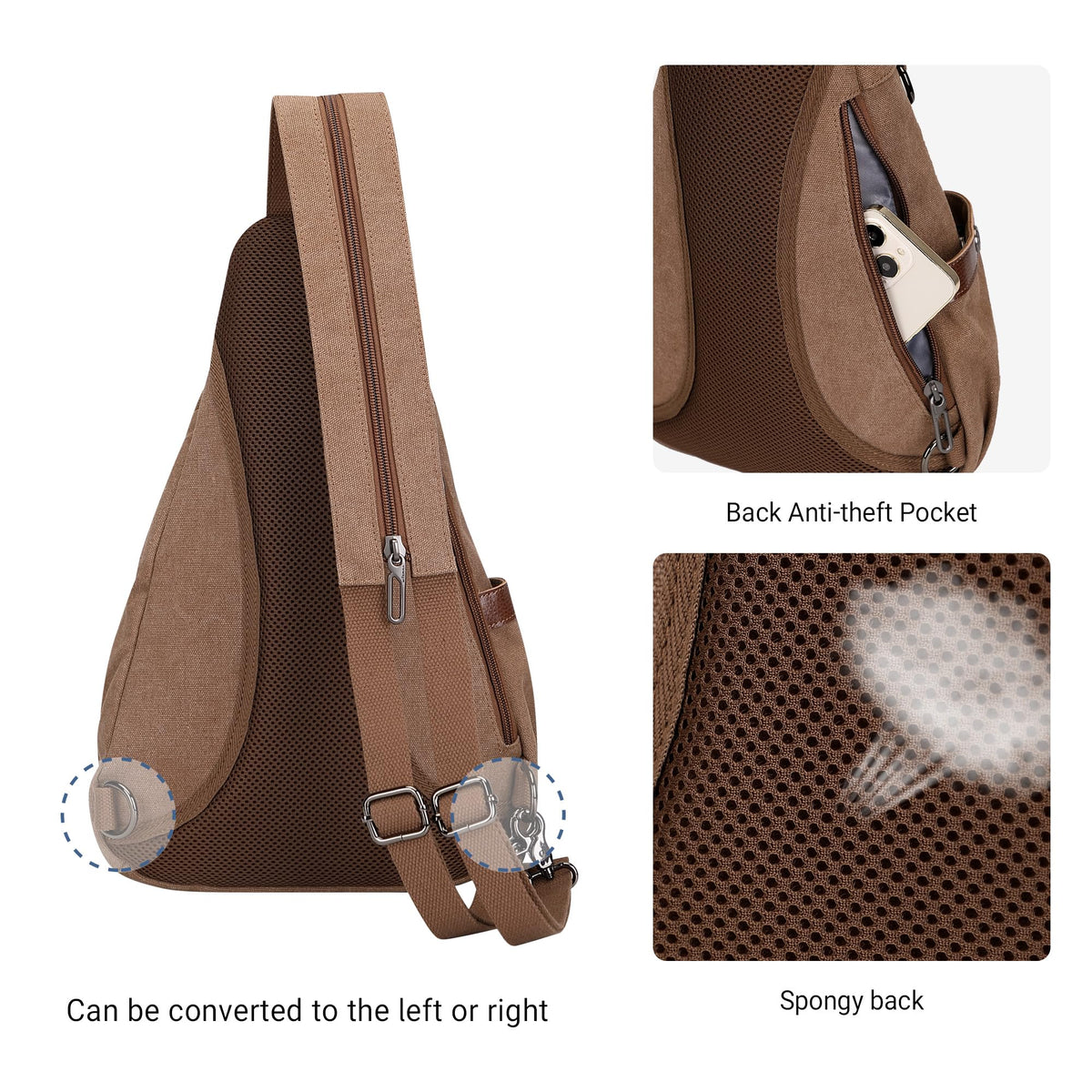 WITZMAN Canvas Sling Bag for Men Women Convertible Sling Backpack Crossbody Vintage Chest Bag Travel Casual Daypack（A8003 Brown）