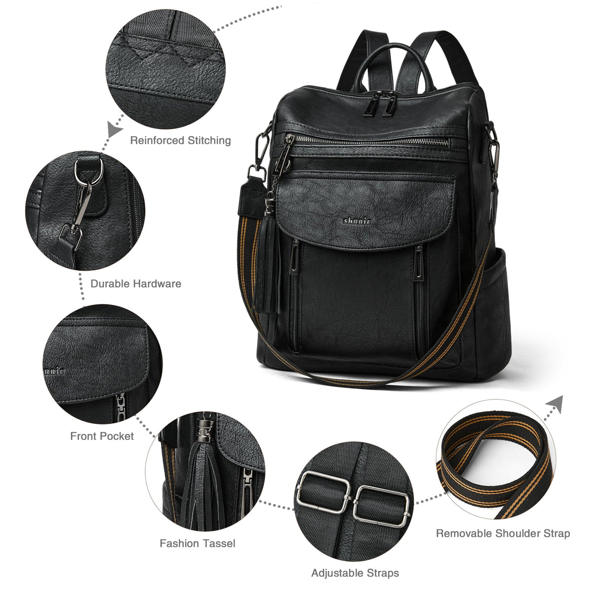 Shrrie Backpack Purse for Women Fashion Leather Backpack Purse Designer Travel Backpack Convertible Shoulder Bag with Wristlet