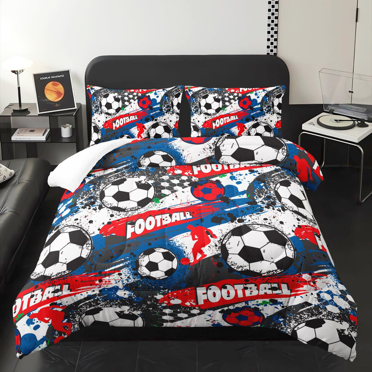 lneffble Full Size Comforter Set for Boys Soccer，Sport Full Bedding Sets for Boys with 1 Comforter with 2 Pillow Case