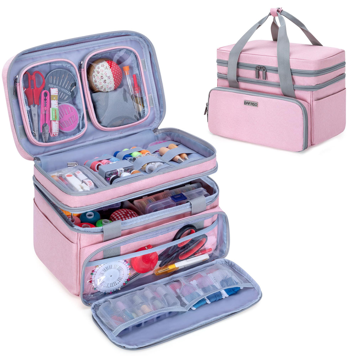 BAFASO Double Layer Sewing Accessories Organizer with 2 Detachable Pouches, Large Sewing Storage Bag for Sewing Tools (Bag ONLY), Pink