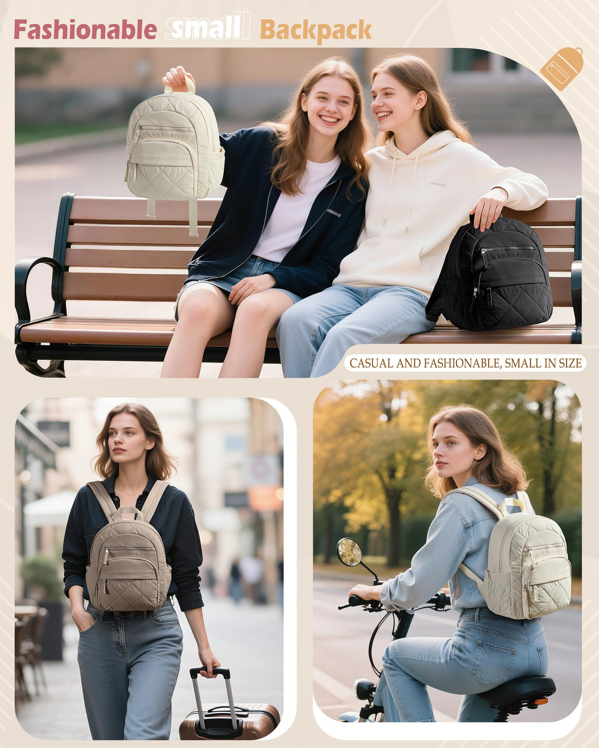 Smasrob Women Mini Backpack with RFID Blocking Pocket, Small Puffer Backpack Purse, Lightweight Quilted Backpack for Work, College or Travel, Camel
