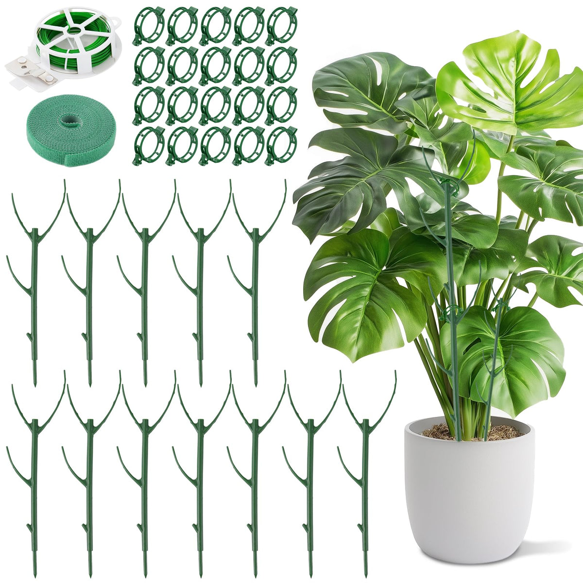 12pcs Plant Support Stakes, Monstera Plant Support Stakes for Indoor Plants with 20 Meter Binding Wire, 2 Meter Velcro Roll and 50 pcs plant clips, Perfect for Supporting Monstera and Climbing Plants