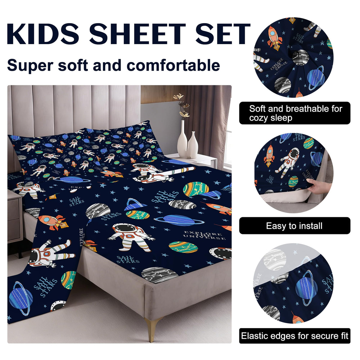 VTKON Navy Blue Space Sheets Set Twin for Boys Bedroom Kids Cartoon Space Rocket Planets Bedding Set with 1 Fitted Sheet, 1 Flat Sheet and 2 Pillowcases