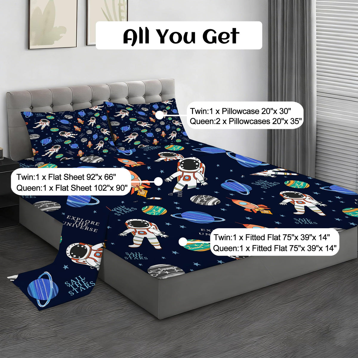VTKON Navy Blue Space Sheets Set Twin for Boys Bedroom Kids Cartoon Space Rocket Planets Bedding Set with 1 Fitted Sheet, 1 Flat Sheet and 2 Pillowcases