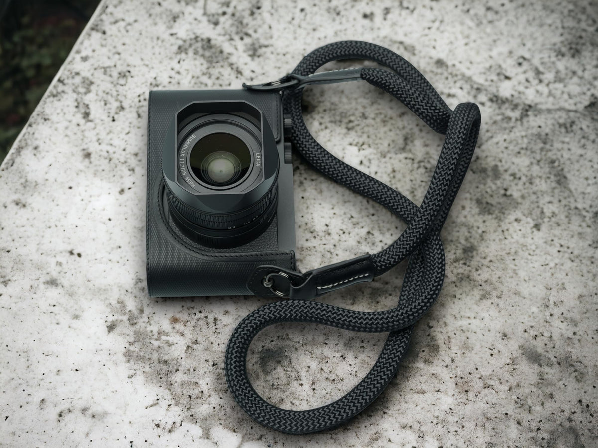 Vi Vante Sheetline Black Rope Camera Strap w/Nappa Leather Ends FINAL CLOSEOUT (Black w/White Stitching)