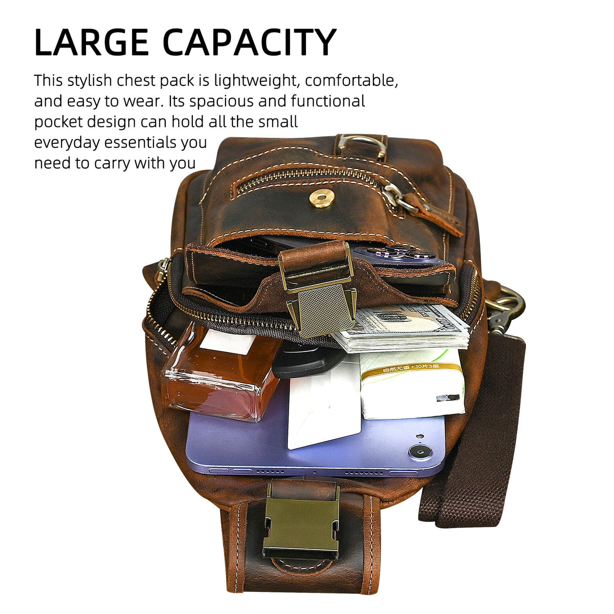 Handadsume Water Resistant Canvas + Leather Hiking Travel DayPack Sling Crossbody Triangle Chest Pack Bag For Men Women FB8013 (100% Genuine Leather-8015 Brown)