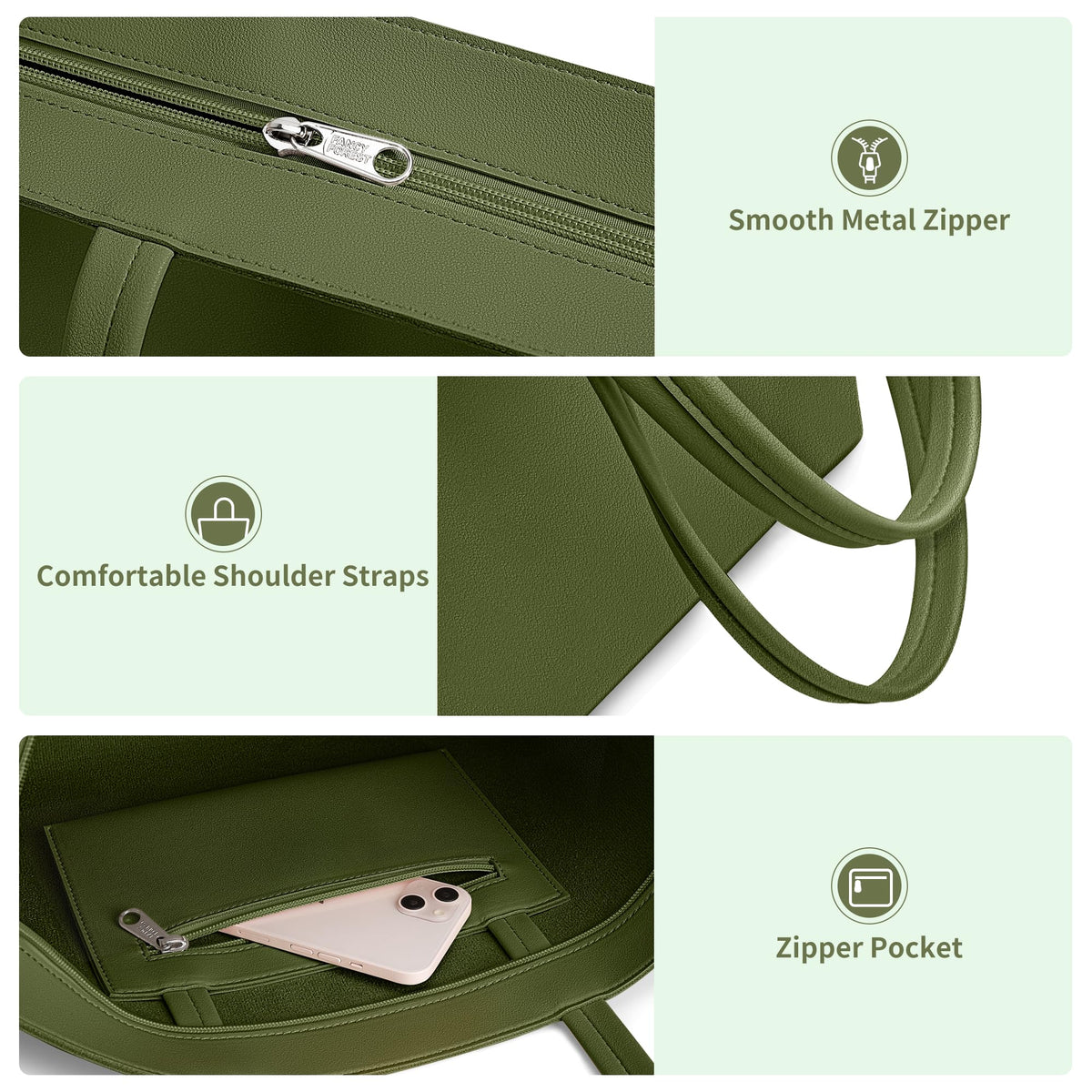 KALIDI Tote Bag Zipper Shoulder Bag Faux Leather Purses for Women Casual Handbag Work Dating College, Green
