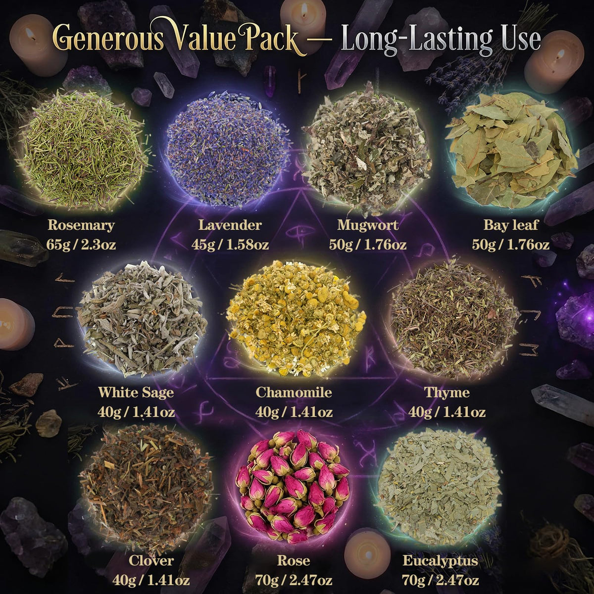 10 Pack Large Dried Flowers Set –Bulk Herbs for Witchcraft Supplies, Used Potpourri Simmer Pot, Spell Jar, Candle Soap Making, DIY Crafts – Lavender, Rose, White Sage, and More, Each Bag Above 4.41oz