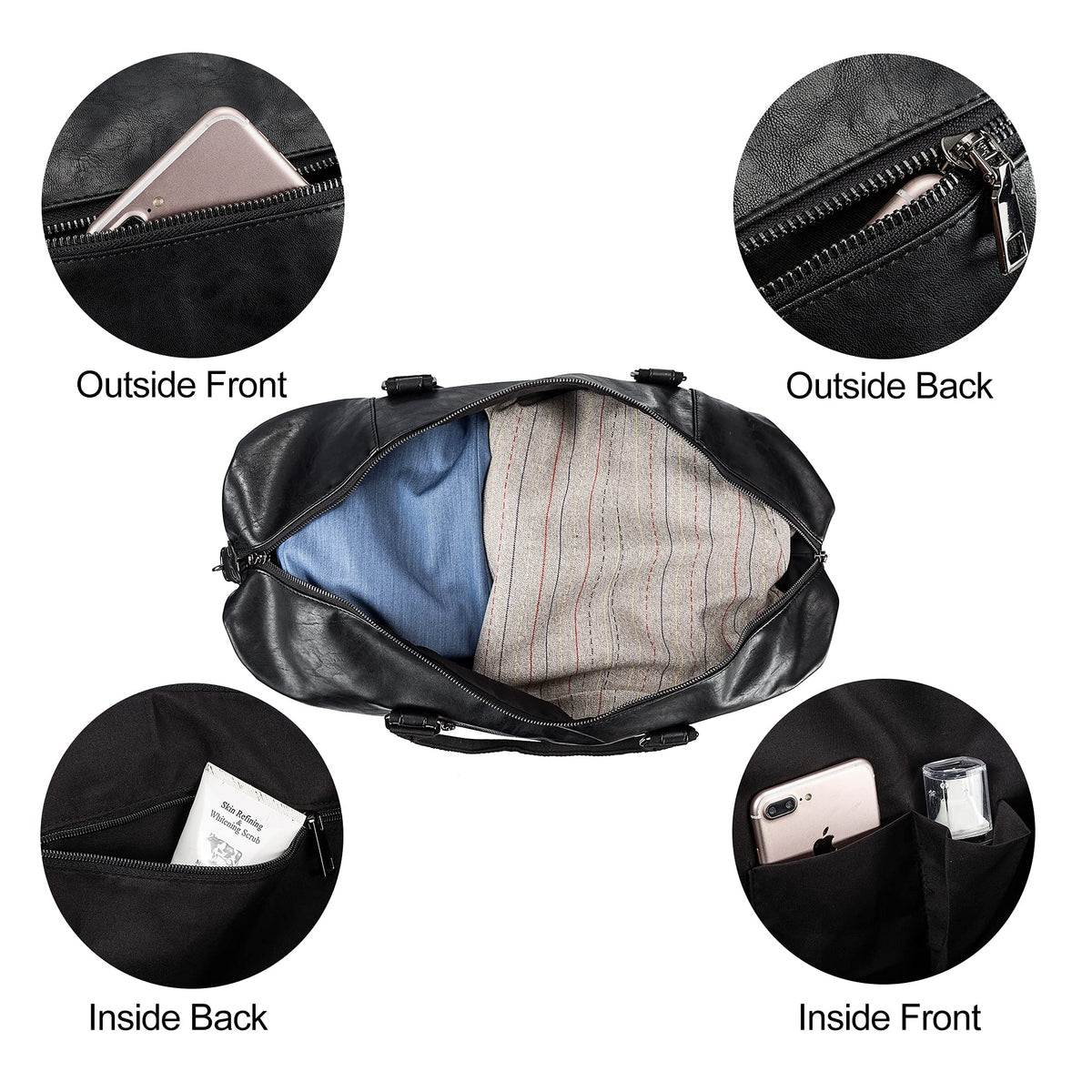 Leather Travel Bag with Shoe Pouch,Weekender Overnight Bag Waterproof PU Leather Large Carry On Bag Travel Tote Duffel Bag for Men or Women-Black