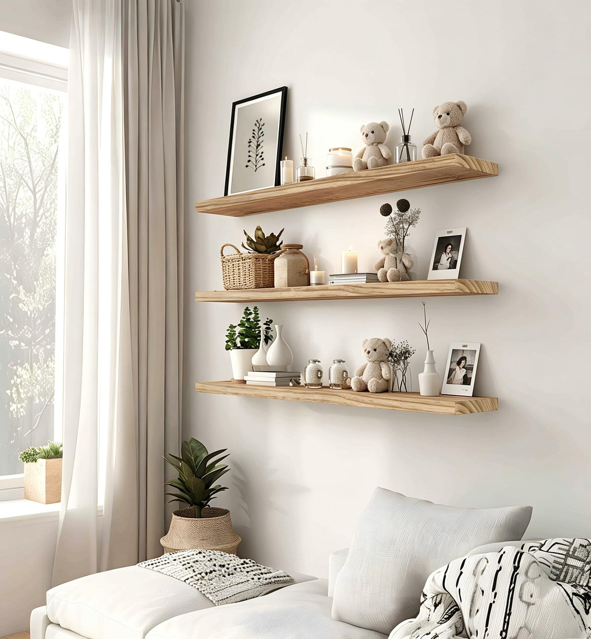 HXSWY 24 Inch Rustic Wood Floating Shelves Farmhouse Wooden Wall Shelves for Bathroom Bedroom Living Room Kitchen Office Set of 4 Light Brown