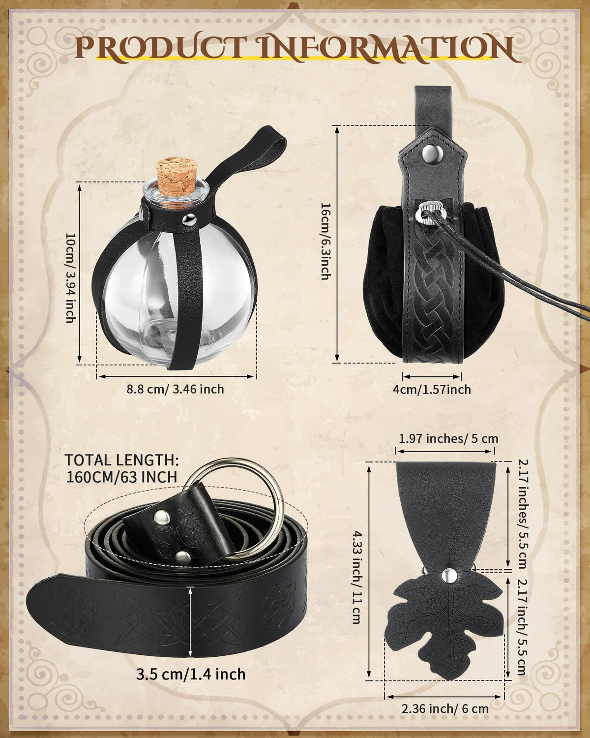 Sweetude 6 Pcs Renaissance Belt Accessories Medieval Viking Belt Potion Bottles Leather Pouch Skirt Hikes(Black,Classic Style)