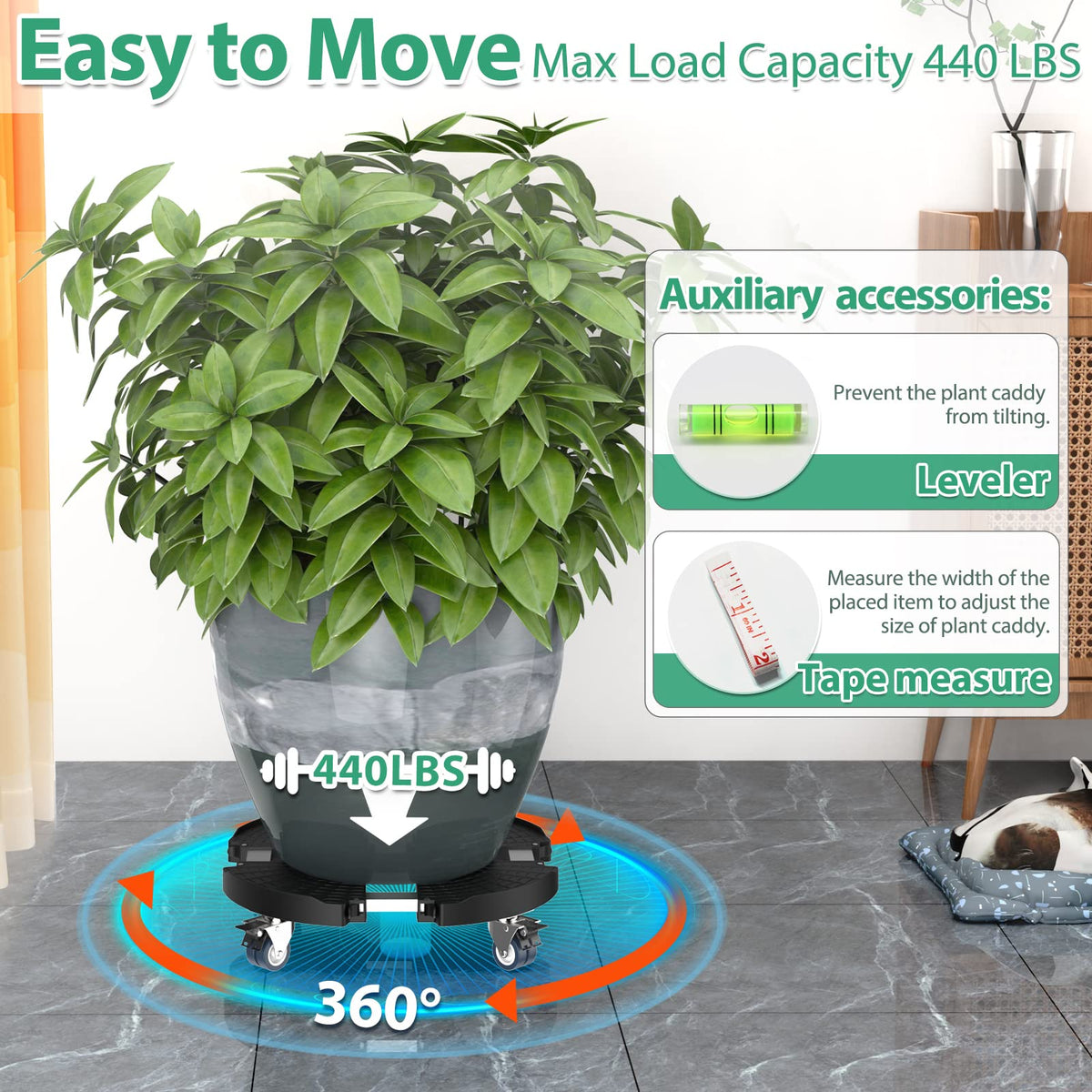 VANCASTLE Plant Caddy with Lockable Wheels Heavy Duty 450lbs Capacity, 15-22 Inch Adjustable Plant Stand with Wheels Rolling base, Plant Dolly for Flower Pot Mover Indoor Outdoor, Black, 1 Pack