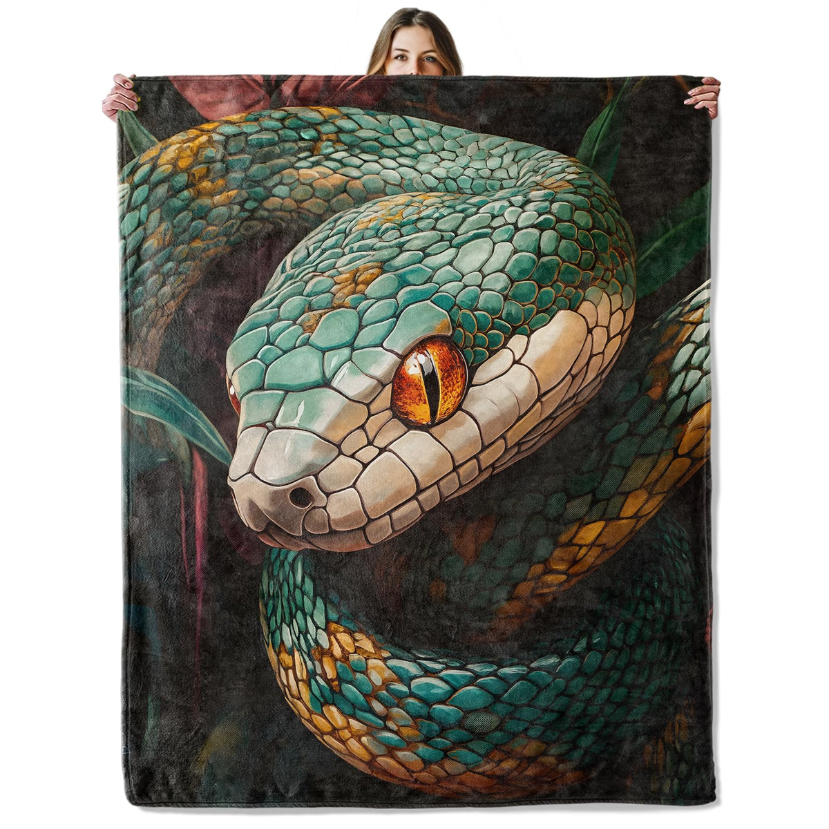 Green Snake Throw Blanket for Girls Boys Kids Adults, 50x60 in, Cozy Flannel Blanket for Bedroom, Camping, Couch, Room Decor, Fuzzy Warm Soft Gifts