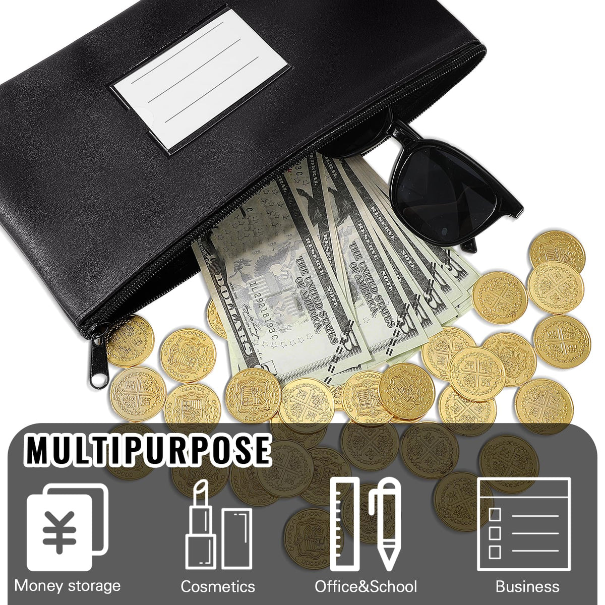 Paterr 6 Pcs Money Bags with Zipper PU Leather Deposit Bank Bag Security Money Pouch Receipt Holder Bank Pouch Wallet with Label for Cash Coin Makeup Cosmetics Bills Tickets, 11 x 6 Inch(Black)