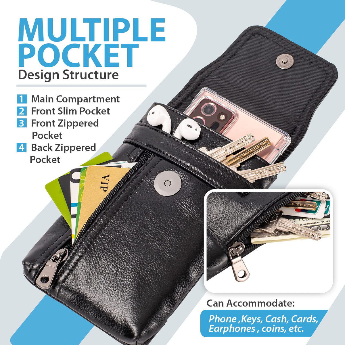 Hengwin Genuine Leather Cell Phone Holster for Belt, Belt Pouch Fits for iPhone 17 Pro 16e 15 Pro 14 Pro 13 Pro 12 Pro Samsung Galaxy S25 S24 S23 S22 Belt Holder Phone Case with Belt Clip (Black)
