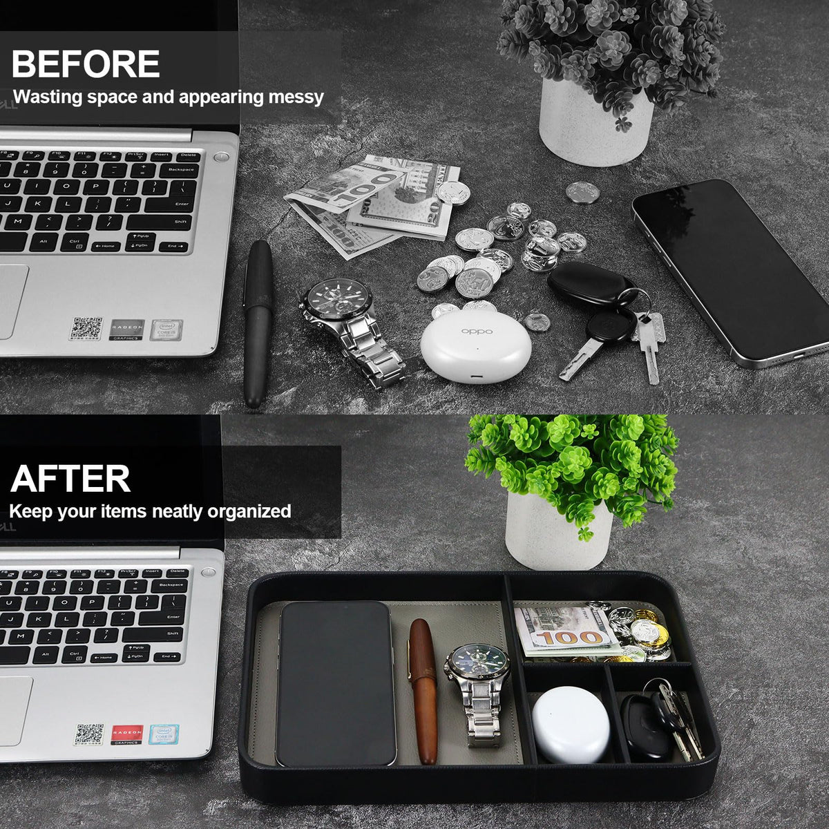 MultiBey Vegan Leather Valet Tray - 4-Compartment EDC Catchall Tray for Nightstand & Entryway Table - Minimalist Desk Organizer for Keys, Wallet, Watch, Phone & Jewelry Black