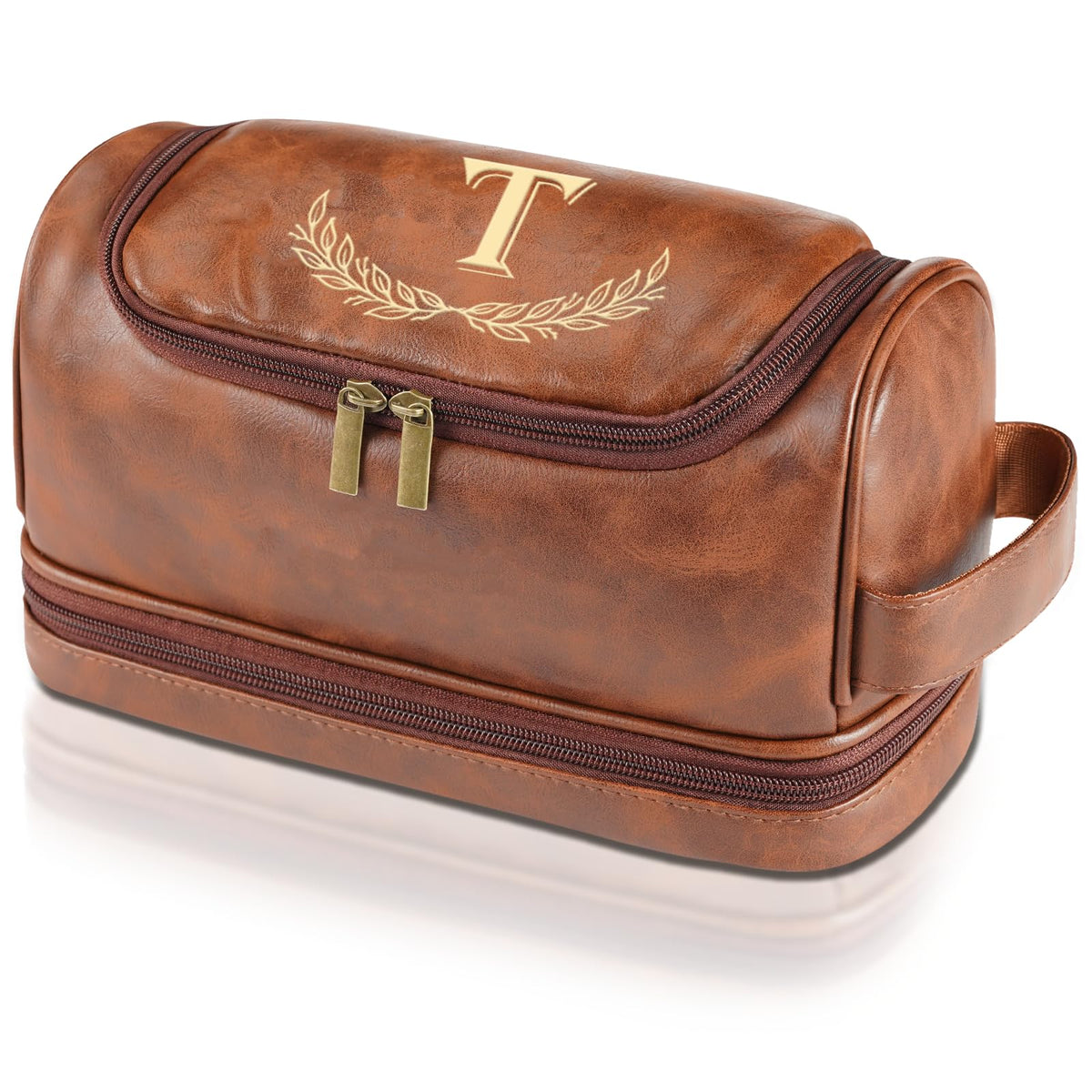 Sparklove Personalized Gifts for Men - Personalized Initial Toiletry Bag with Laser Engraved Monogram - Leather Travel Kit Shaving Organizer - Unique Present for Him, Husband, Boyfriend, Dad （T）
