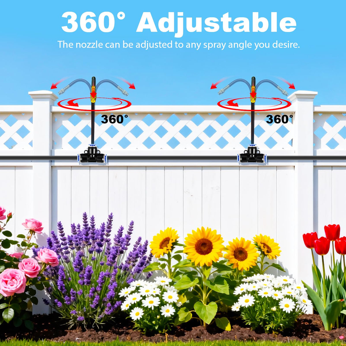 Thiswing 360° Adjustable Drip Irrigation System - Compatible 1/4" Irrigation System, 50FT Garden Watering Atomizing System with 15 Nozzles, Greenhouse Accessories for Yard, Lawn, Plants, Garden