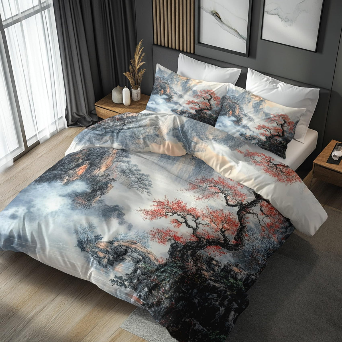 zcwl Chinese Landscape Duvet Cover Oversized King Size | Mountain Tree Bedding Set | 3 Piece | Soft Microfiber Patterned Comforter Cover with Zipper Ties & 2 Pillowcases | Nature Scenery Bedroom Decor