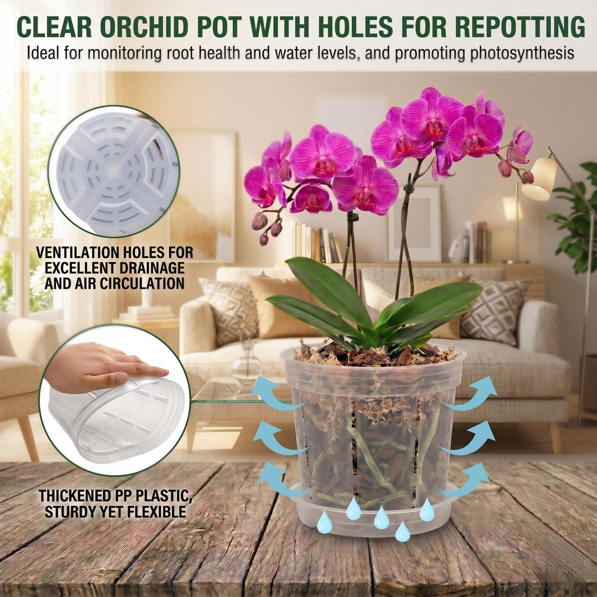 12 Packs Plastic Orchid Pots with Holes, 4, 5, 6 Inch Clear Orchid Pots for Repotting with Saucers Drainage,Hook,Hanging Rope and 6.7/10.6 inch Plant Stakes, Breathable Orchids Planter Plant Pot