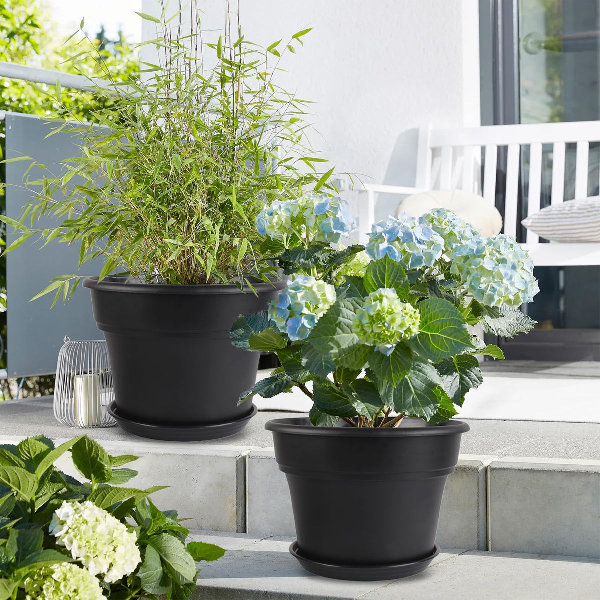 Myfeegoin 13-inch-Plant-Pots, 4 Pack Large Planters for Outdoor Plants, Plastic Flower Pots Indoor with Drainage Holes & Trays, Classic Garden Pot Container for House