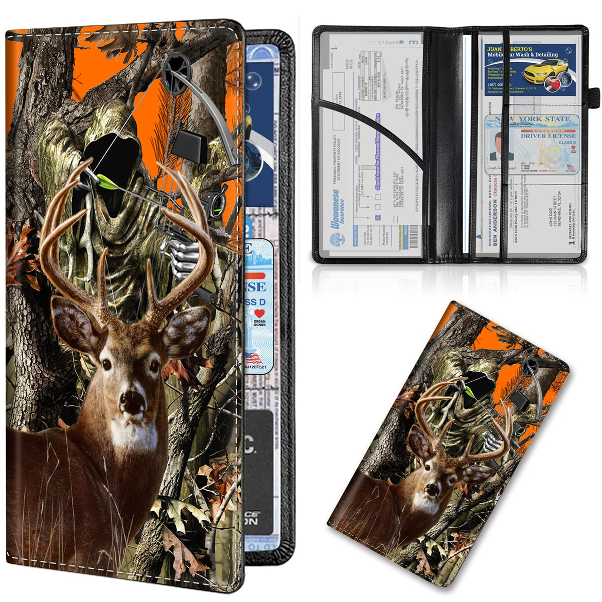 Car Registration and Insurance Card Holder, Premium Leather Vehicle Wallet Cover for Glove Box Car Organizer Drivers License / Cards / ID - Essentials Document Holder, Camo Camouflage Deer Hunter