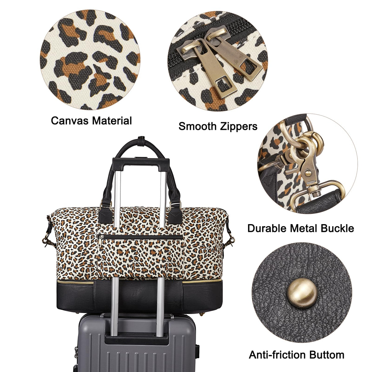 CLUCI Weekender Bag for Women Canvas Large Overnight Travel Duffel Bag with Shoe Compartment Leopard Pattern with Black