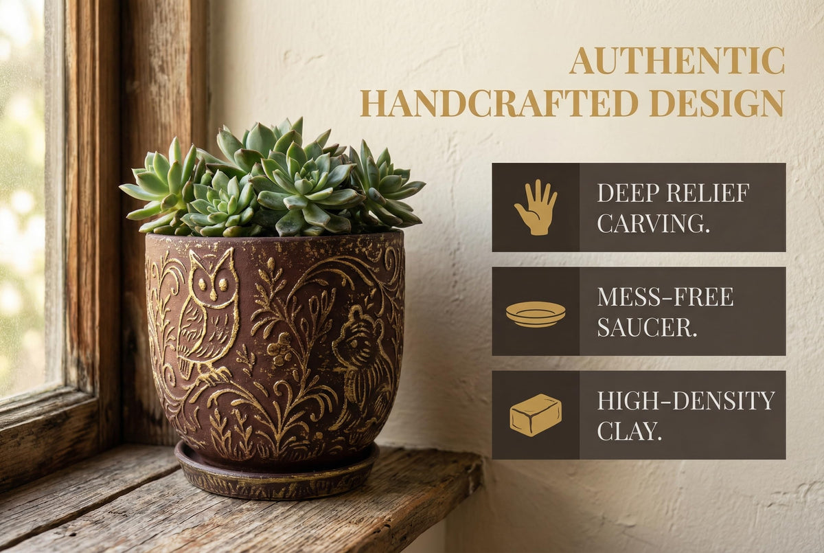 Decorative Ceramic Planter Pot with Saucer, Brown with Gold and Silver Owl Pattern, Indoor Garden Container with Drainage (G&S, 6 inch)