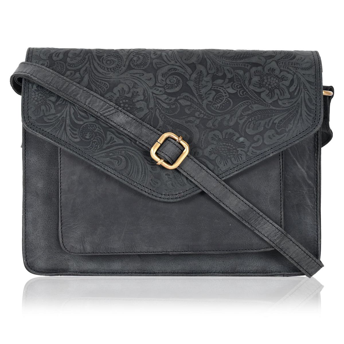 Leather Flapover Crossbody Handbag Purse for Women with Adjustable Strap & Overflap Snap Closure Tote/Bag (E.Black Hunter)