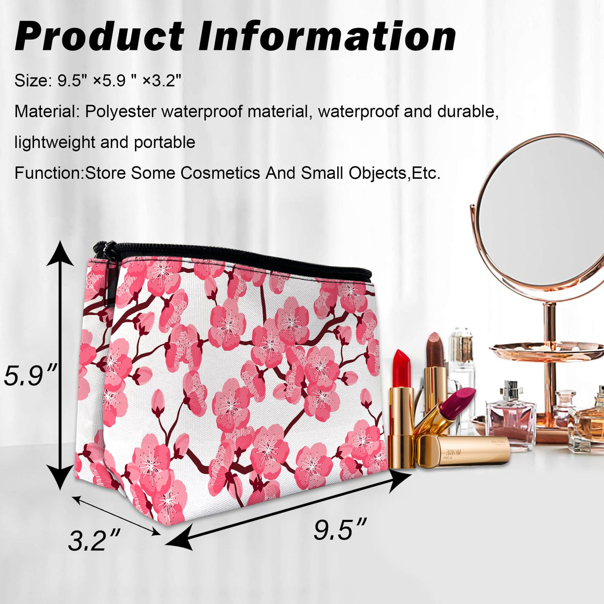 DEMACYA Cherry Blossom Makeup Bag for Purse, Waterproof Funny Japanese Pink Sakura Cosmetic Bag for Women, Zipper Travel Pouch Gift 9.5×5.9 Inch