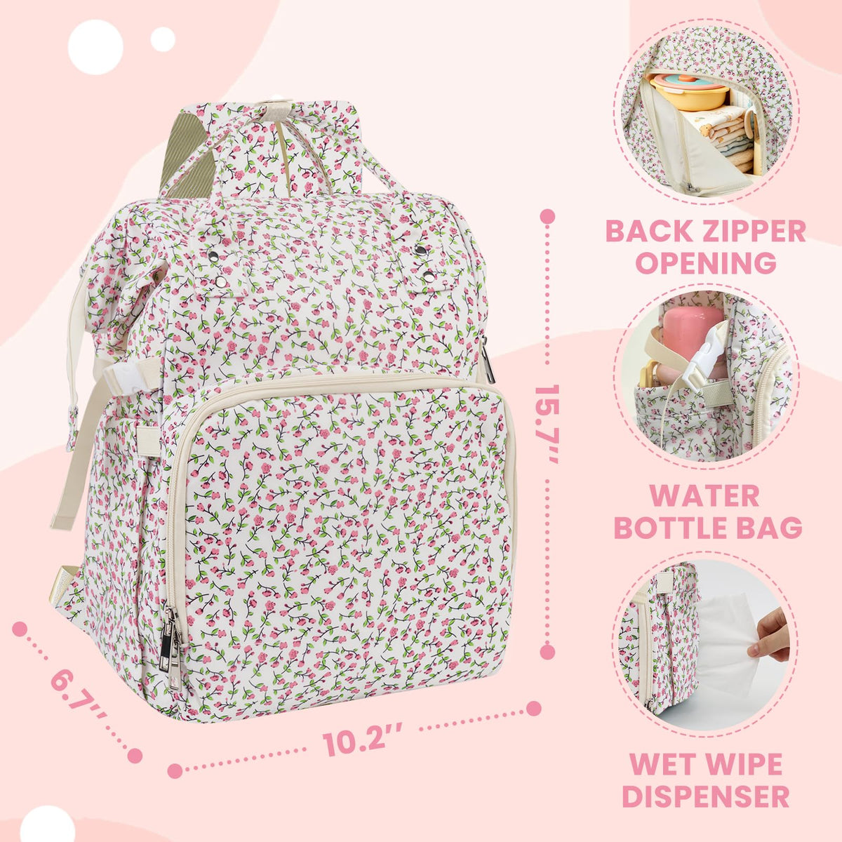 rain bunny Diaper Bag Backpack, Baby Diaper Backpack for Mom, Large Capacity Travel Nappy Bag for Boys Girls with Stroller Straps (Pink)