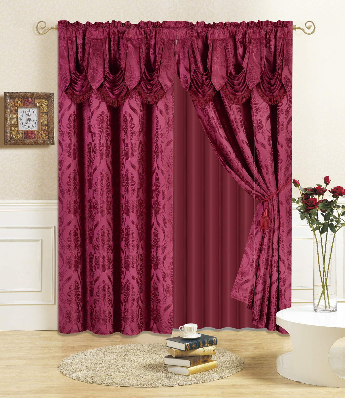 All American Collection New 4 Piece Drape Set with Attached Valance and Sheer with 2 Tie Backs Included (84" Length, Burgundy)