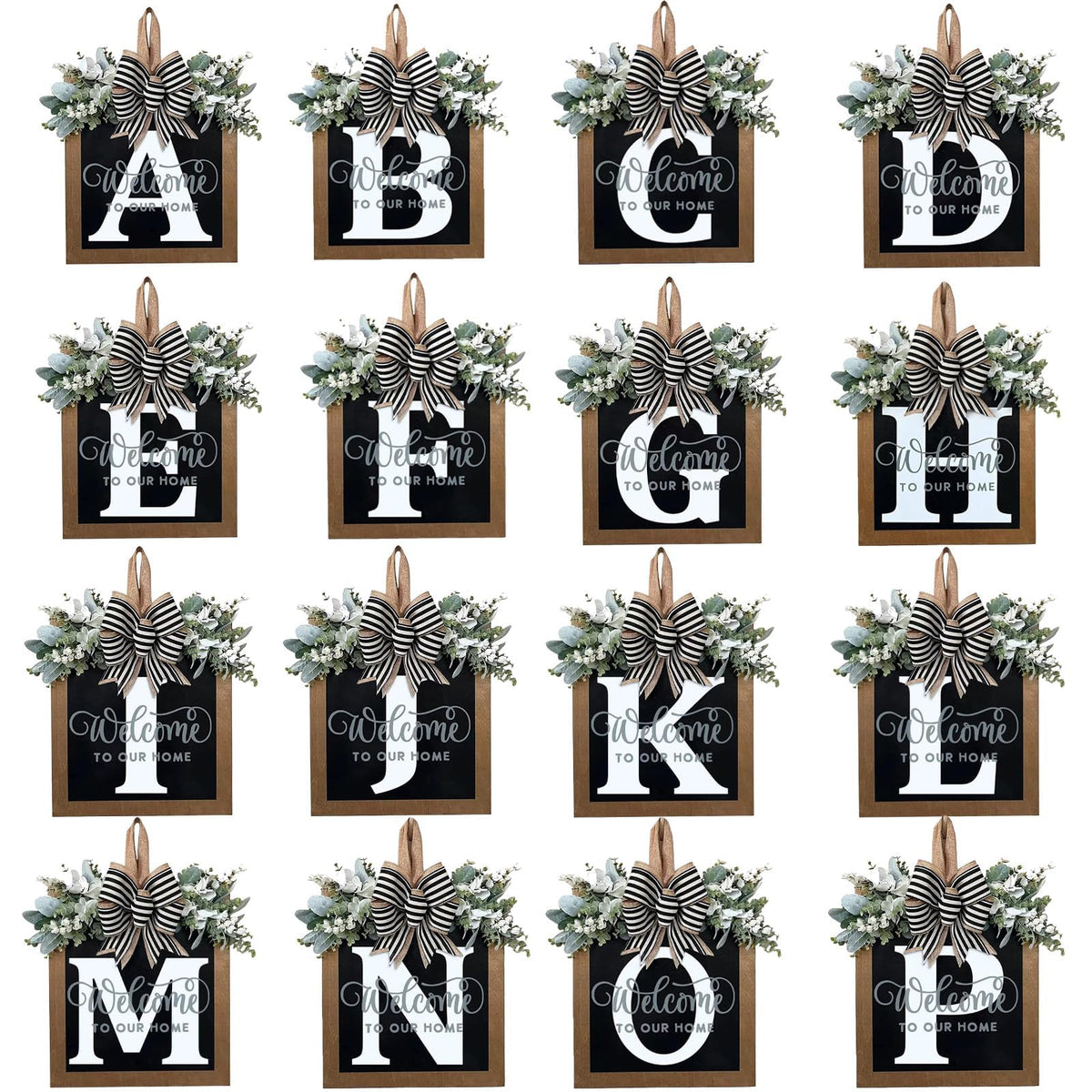 Last Name All Year Round Front Door Wreath with 26 Initial Letter Welcome Sign All Seasons Eucalyptus Garland and Bow ，Farmhouse, Porch, for Spring Summer Fall All Seasons Holiday Halloween Christmas.（G）