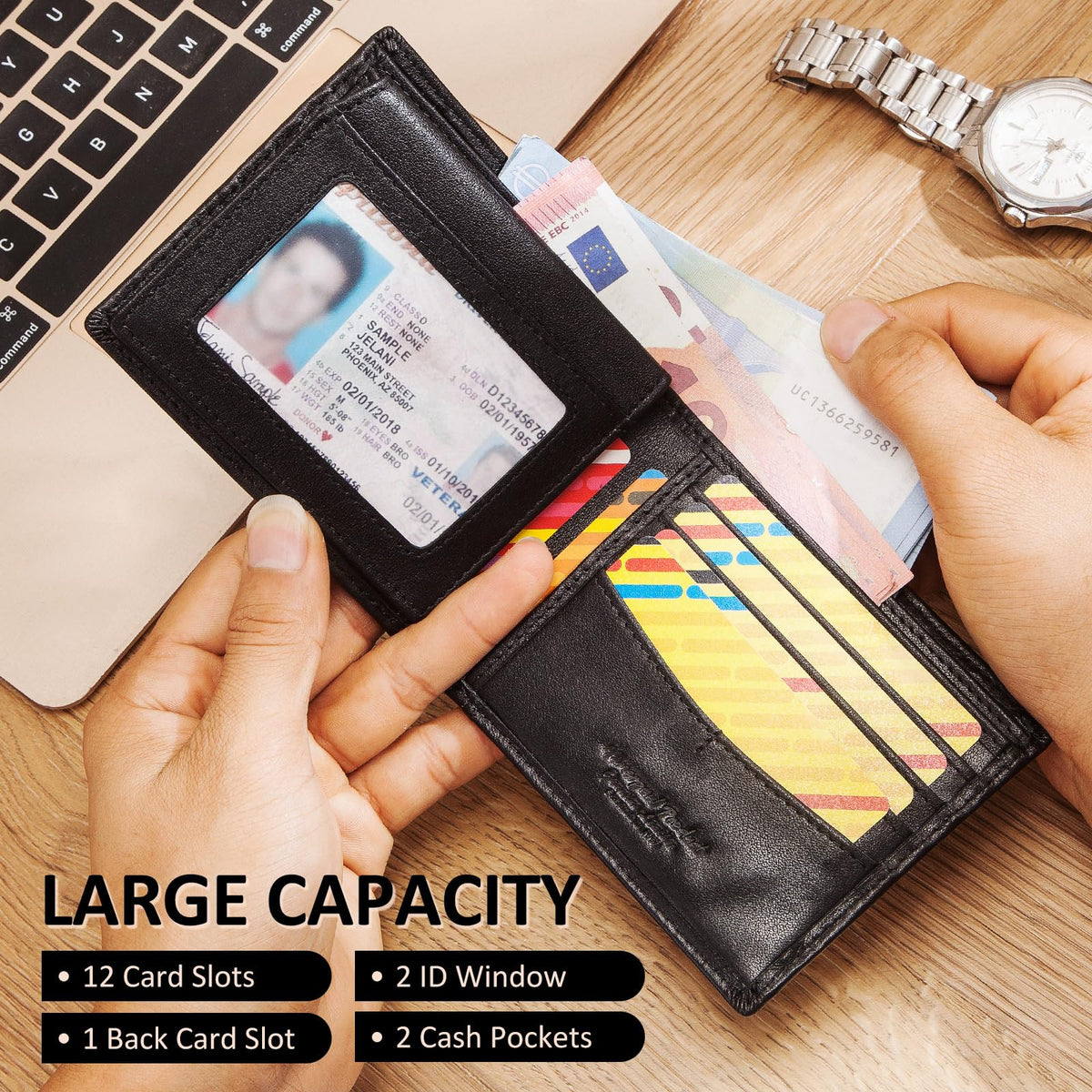 HUMERPAUL Mens Wallet with Chain, RFID Blocking Genuine Leather Bifold Wallet Minimalist With 2 ID Window (Black)