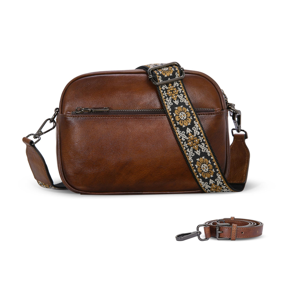 Iswee Crossbody Bags for Women Genuine Leather Shoulder Purse Satchel Bags Leather Purse and Handbags with Adjustable Guitar Strap(Coffee)
