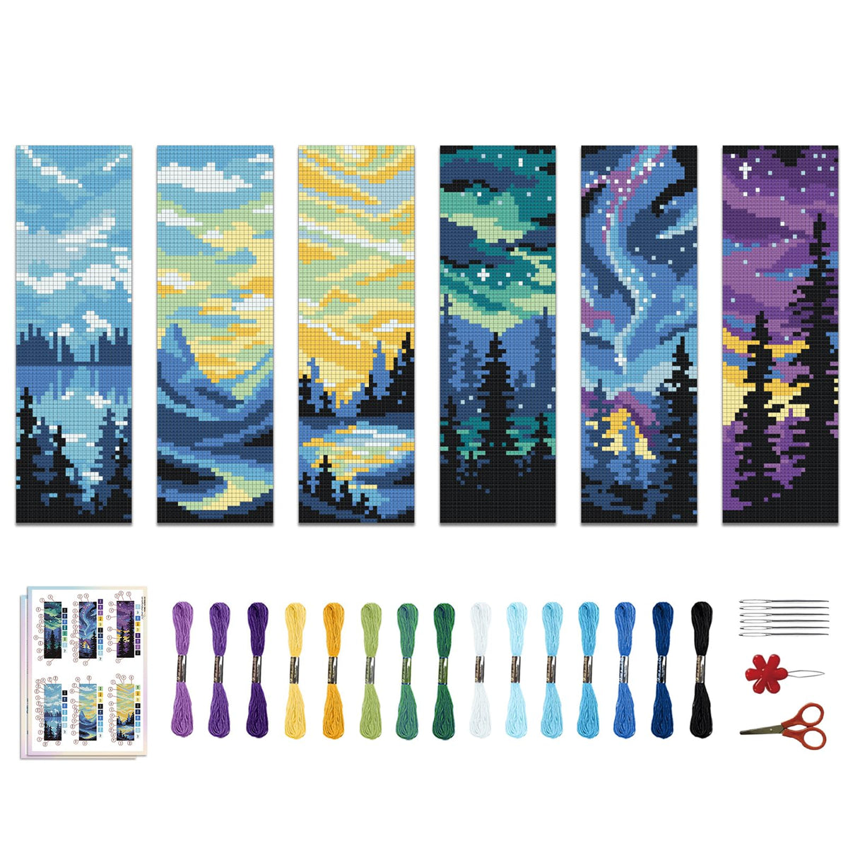 ACRNIGHEET 6PCS Cross Stitch Bookmark Kit for Adult Beginners Landscape Cross Stitch Kits DIY Crossstitch Kits Adult Stamped Bookmark Embroidery Bookmarks Kit with Instructions 8''x2.4'' 11CT