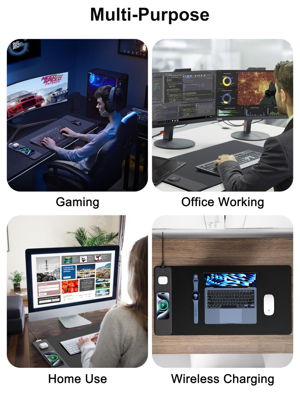 TopMade Wireless Charging Mouse Pad, Waterproof Gaming Mousepad with Ultra-Smooth Surface, Non-Slip Base, 31.5"x15.75" XXL Large Desk Pad, Classic Black Computer Desk Mat for MacBook, PC, Laptop